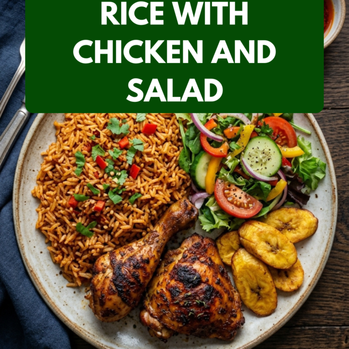 Nigerian Jollof Rice with Chicken and Salad